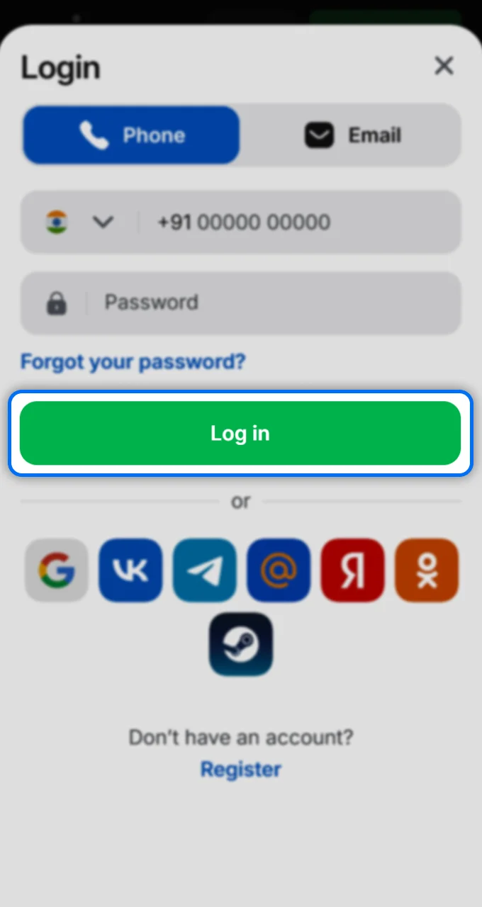 Enter your credentials and click Log In to access the 1Win casino platform.