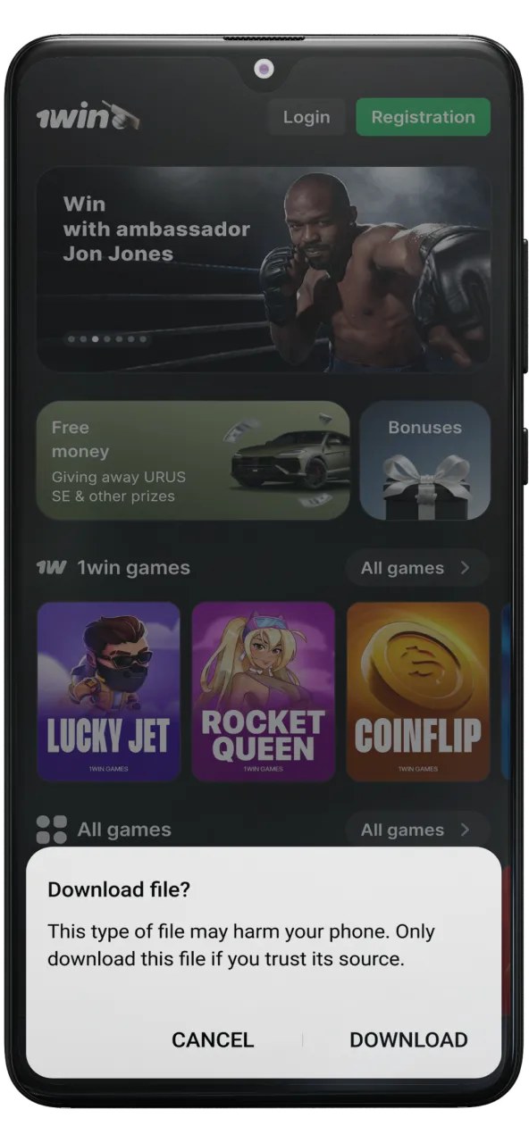 Confirm downloading the 1win app when the notification appears.